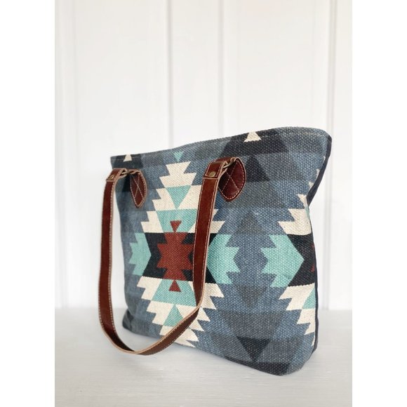 Myra Bag Patterned Upcycled Rug Canvas and Leather Tote Bag - Picture 5 of 9